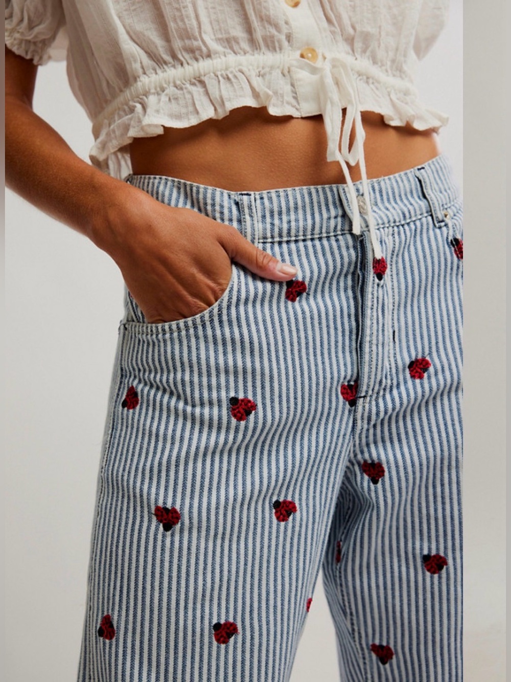 We The Free Free People Bugged out Striped Wide-Leg Jeans with Lady Bug details - Picture 4 of 12